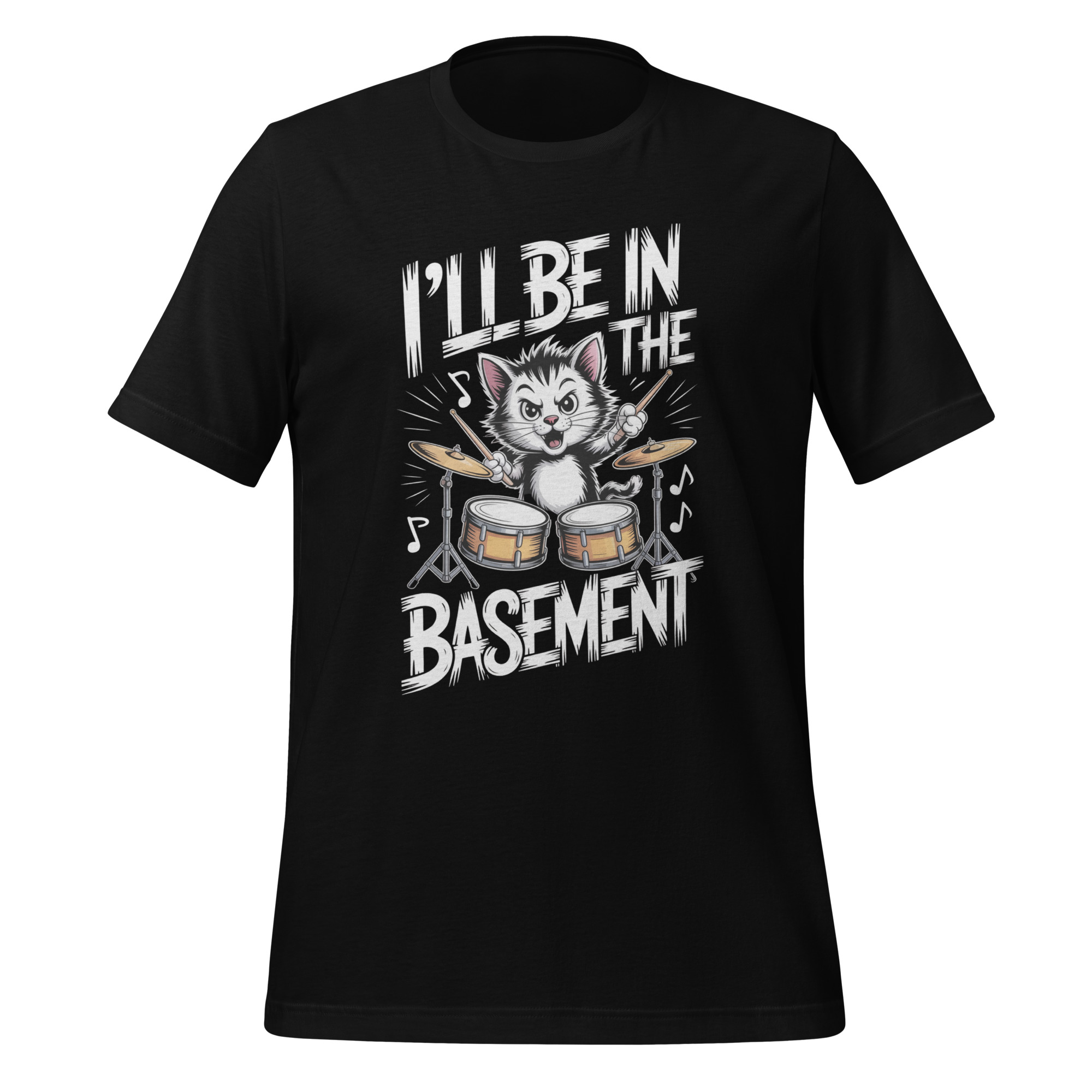 Drummer Cat T-Shirt I'll Be In The Basement Funny Music Tee - Image 3