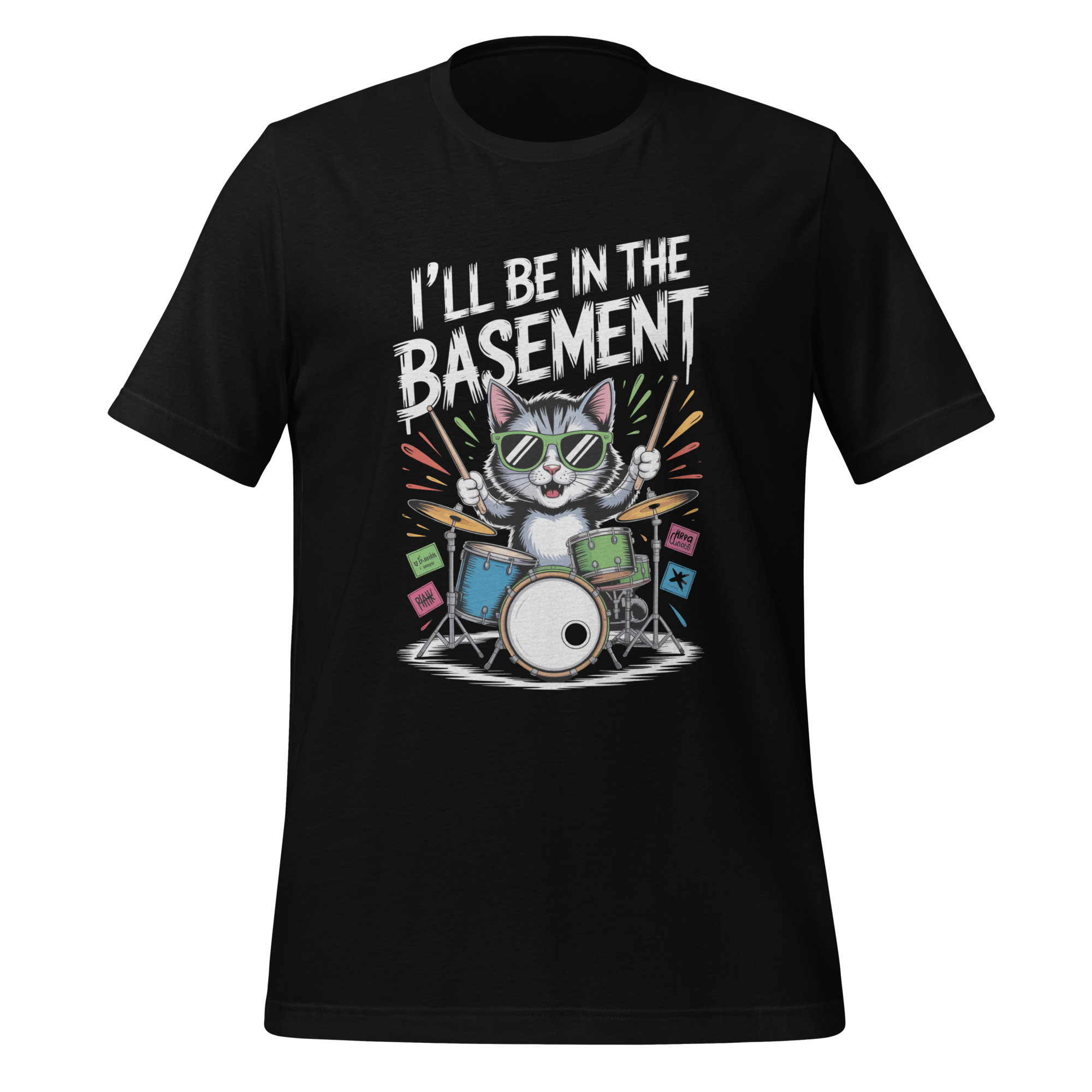 Drummer Cat T-Shirt I'll Be In The Basement Funny Music Tee