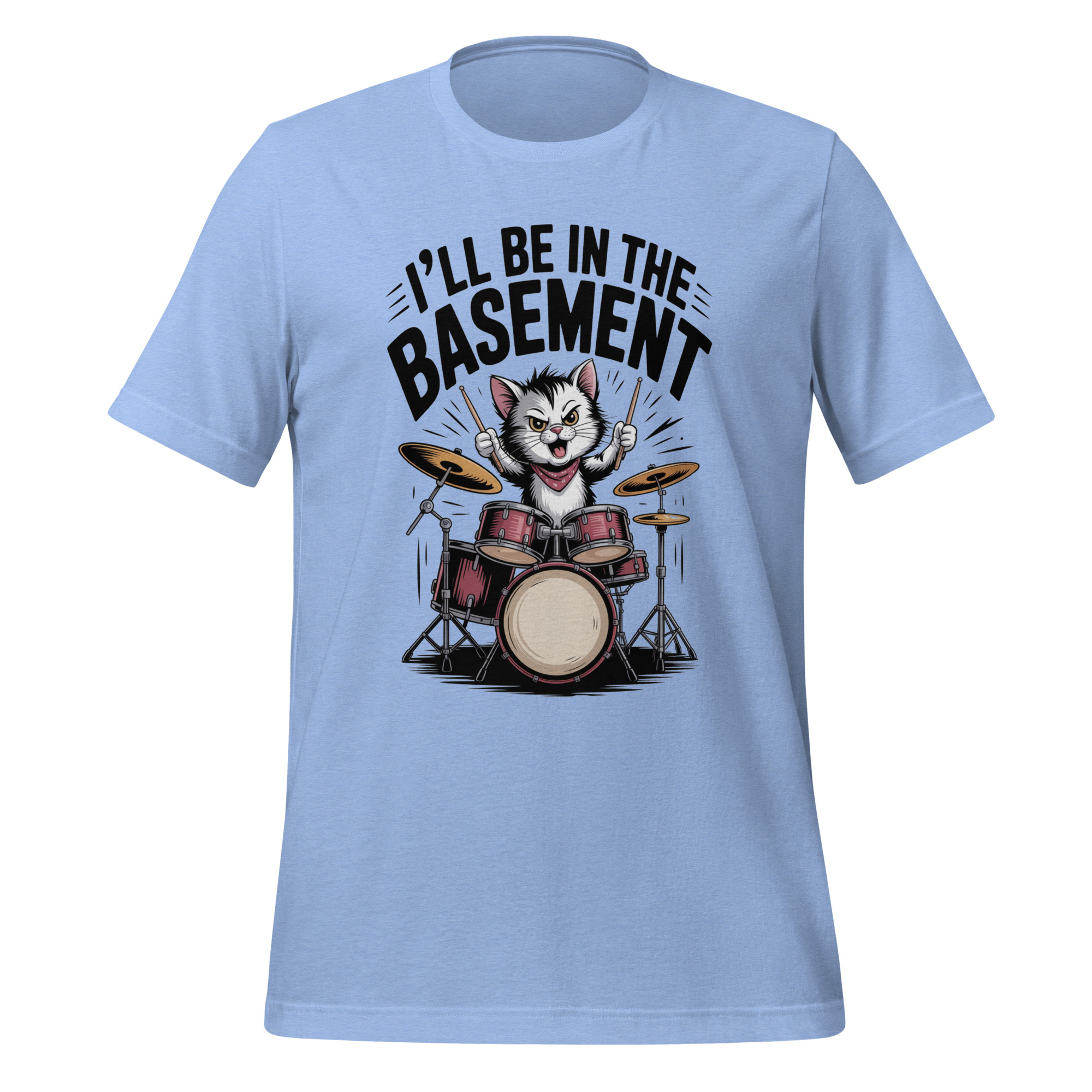 Drummer Cat T-Shirt I'll Be In The Basement Funny Music Tee - Image 2