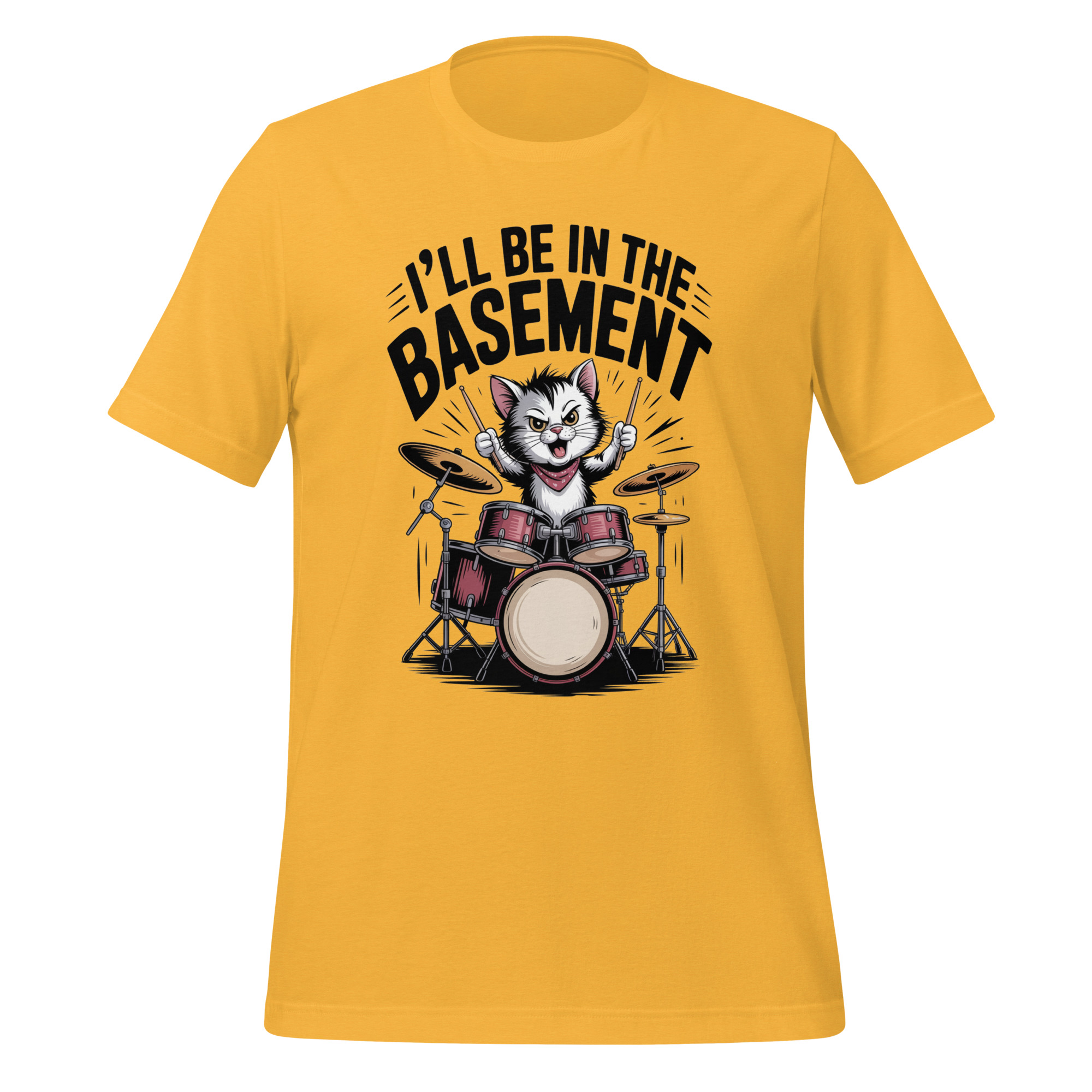 Drummer Cat T-Shirt I'll Be In The Basement Funny Music Tee