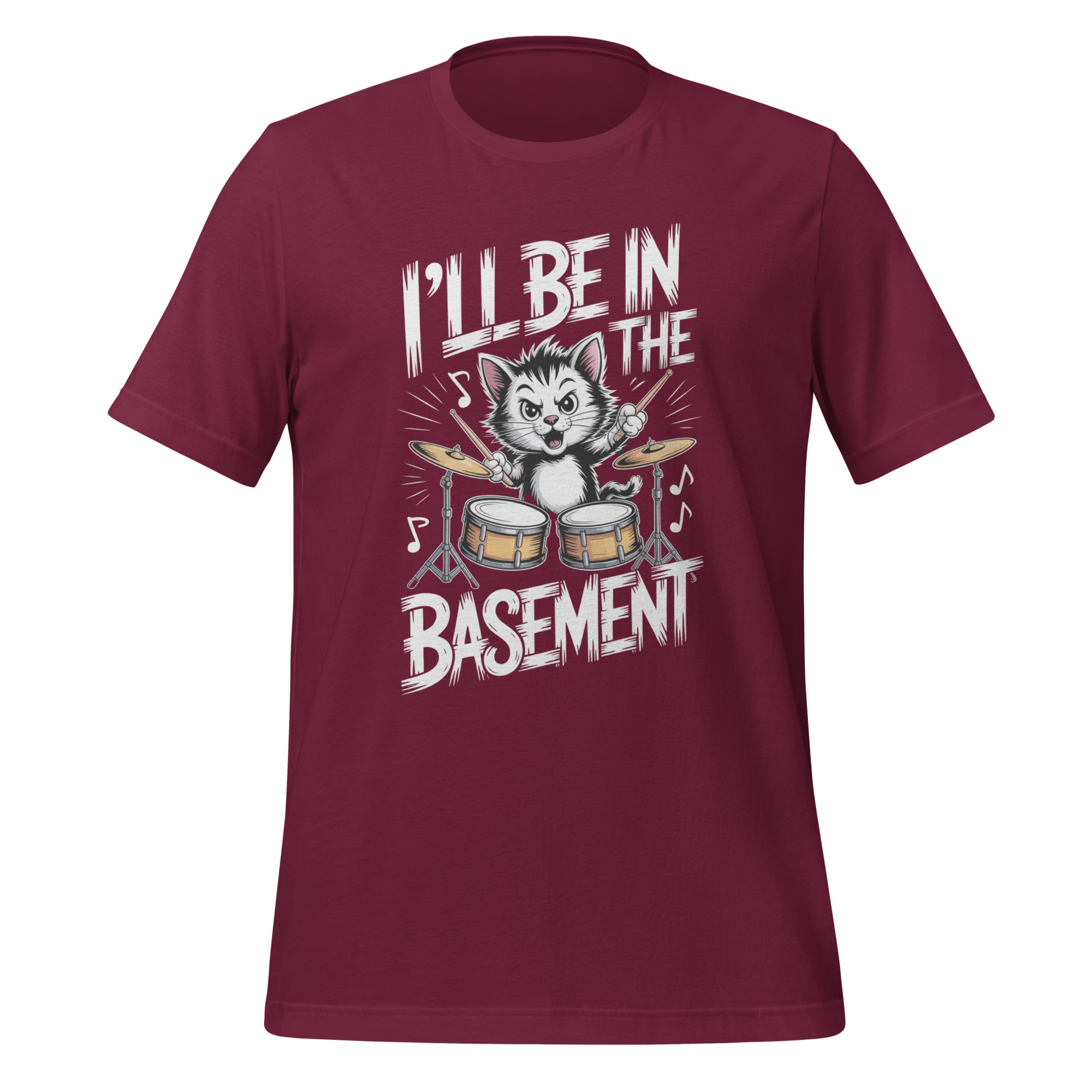 Drummer Cat T-Shirt I'll Be In The Basement Funny Music Tee