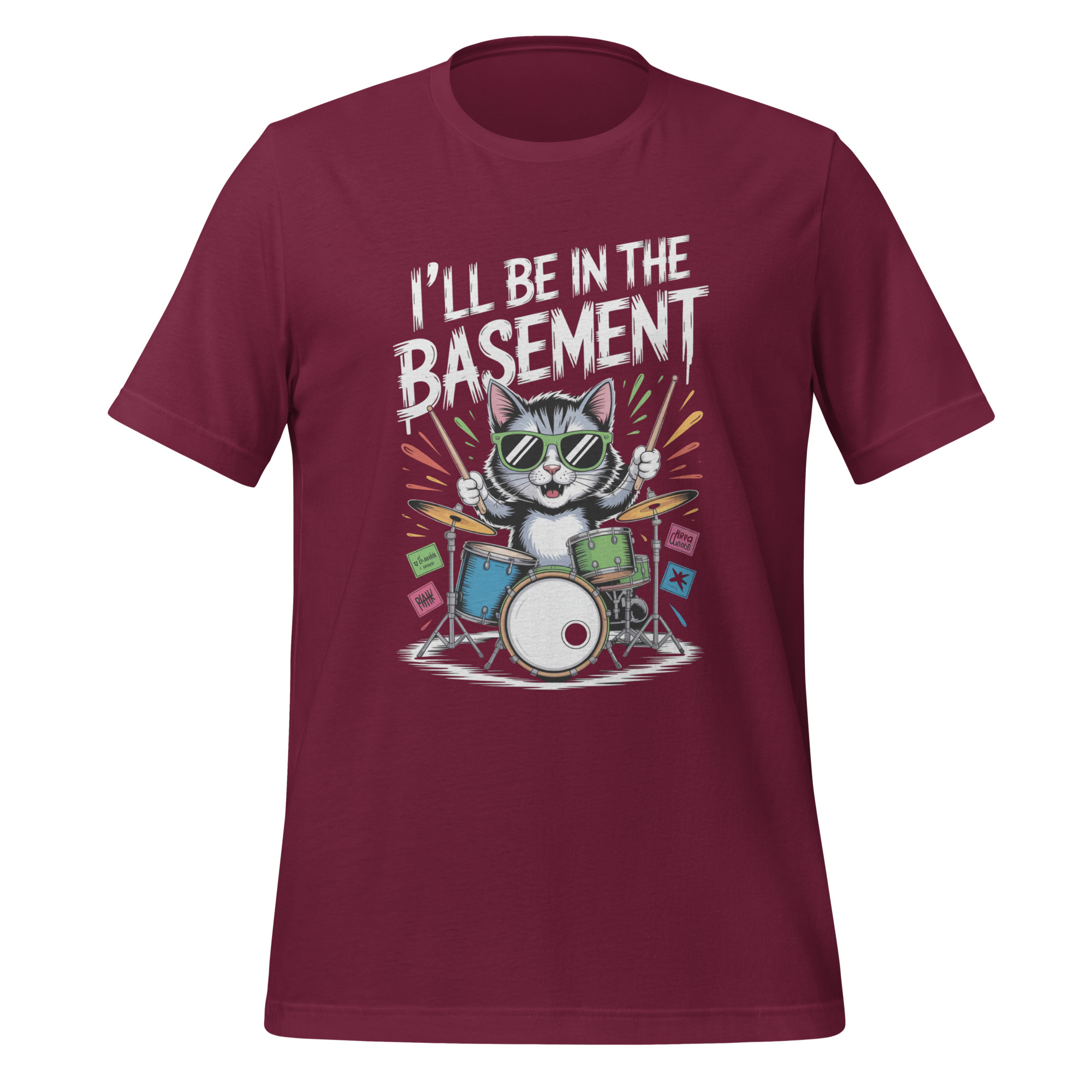 Drummer Cat T-Shirt I'll Be In The Basement Funny Music Tee - Image 4